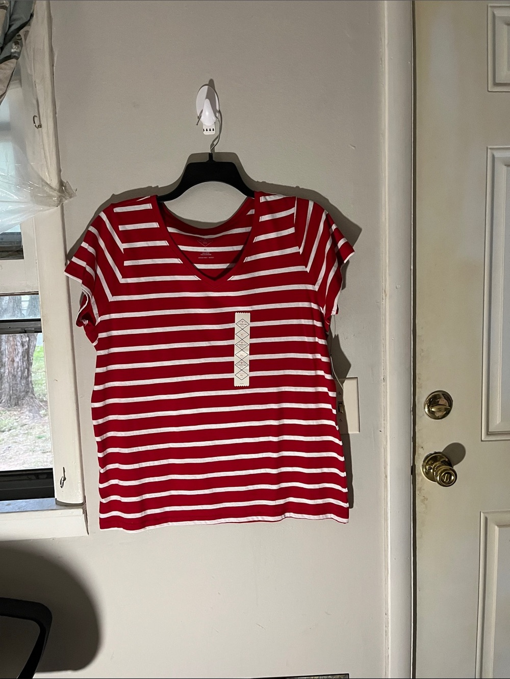 St. John's Bay Red and White Striped V-Neck Tee